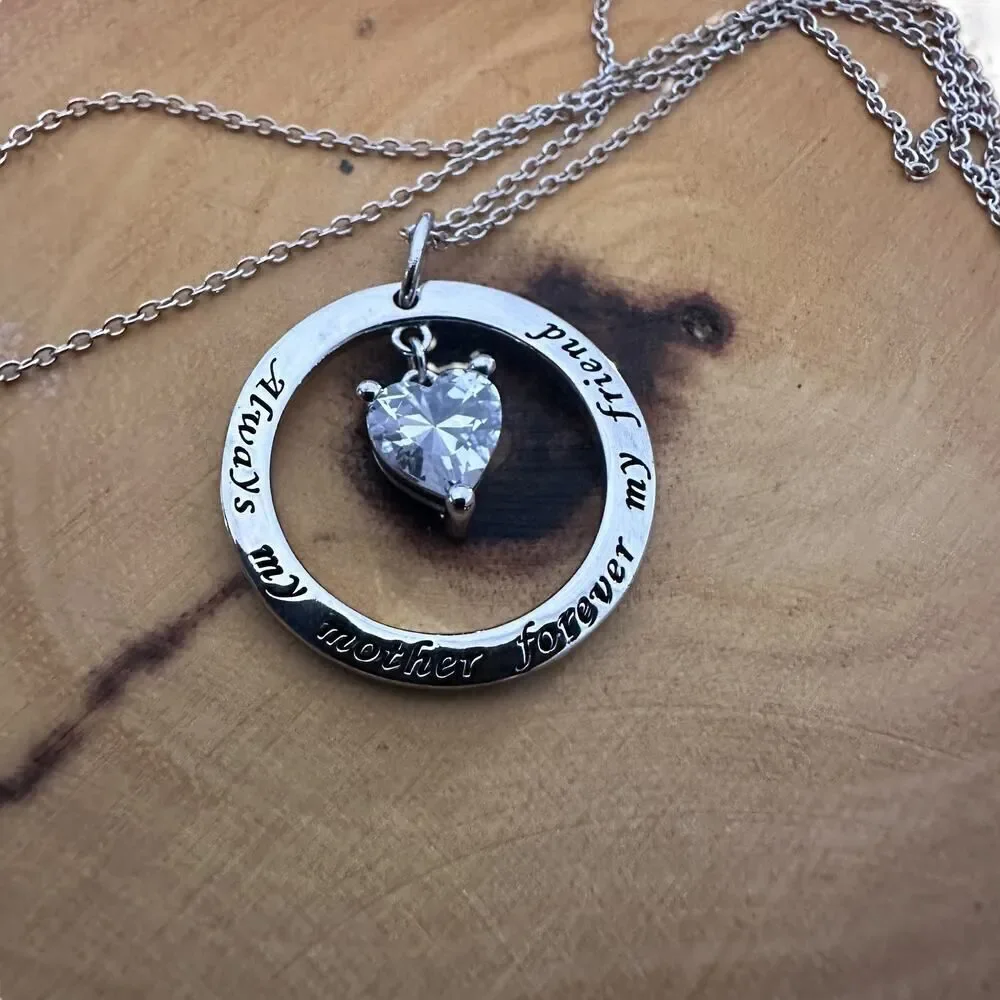 Always My Mother Forever My Friend Sterling Silver Heart CZ Necklace